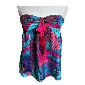 Guess Strapless 100% Silk Patchwork Print Top Multicolor Boho Festival Retro S